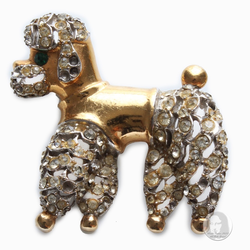 Vintage Ernest Steiner Poodle Brooch Pin Retro Embellished Gold Silver Metal 50s